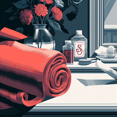 Folded towels and home care products with a consistent “S” monogram, representing cohesive brand identity across household goods.