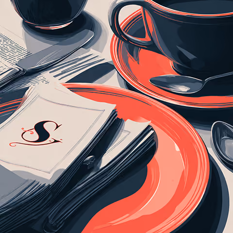 Stack of printed cards and coffee setting with branded “S” logo, representing stationery design and brand consistency in daily use.