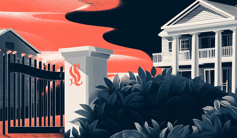 Gated house exterior with branded emblem on the pillar, representing brand presence in architecture and physical spaces.