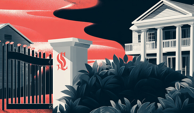 Gated house exterior with branded emblem on the pillar, representing brand presence in architecture and physical spaces.