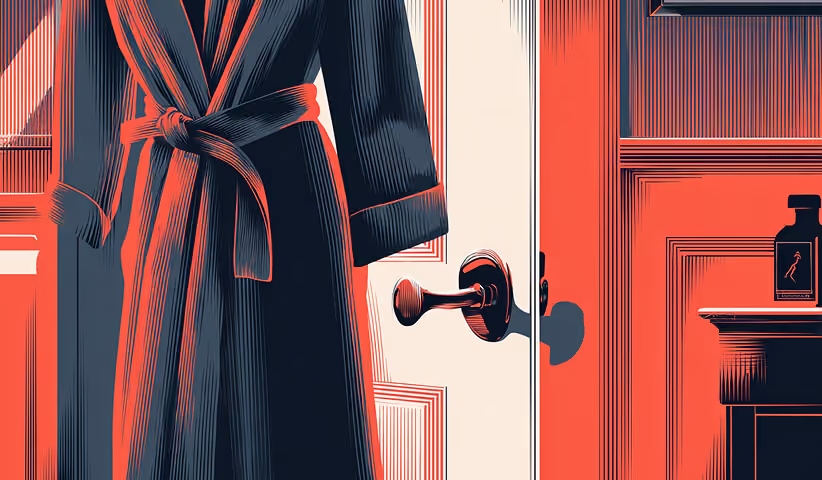 Person entering a room in a robe with branded product nearby, representing personal lifestyle integration of a brand.