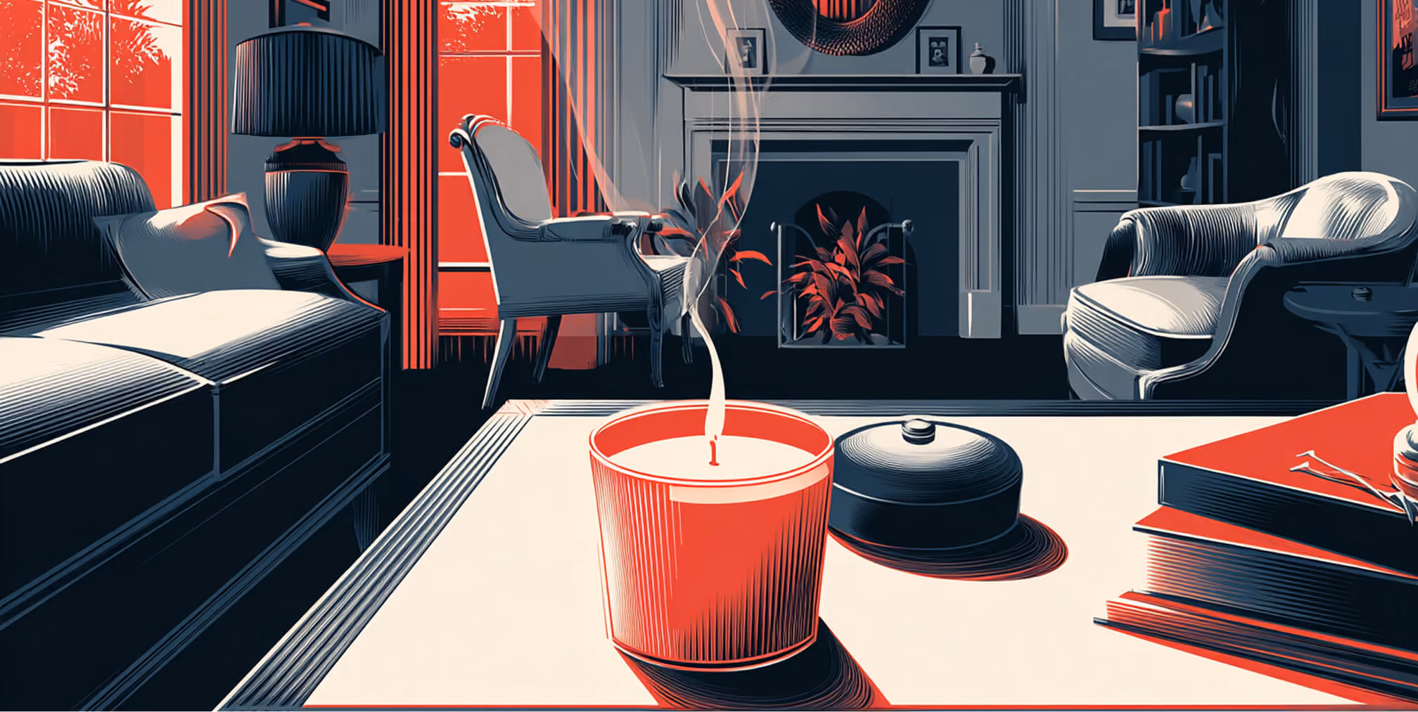 Living room with candle, books, and decor, highlighting atmosphere, storytelling, and brand expression in interior spaces.
