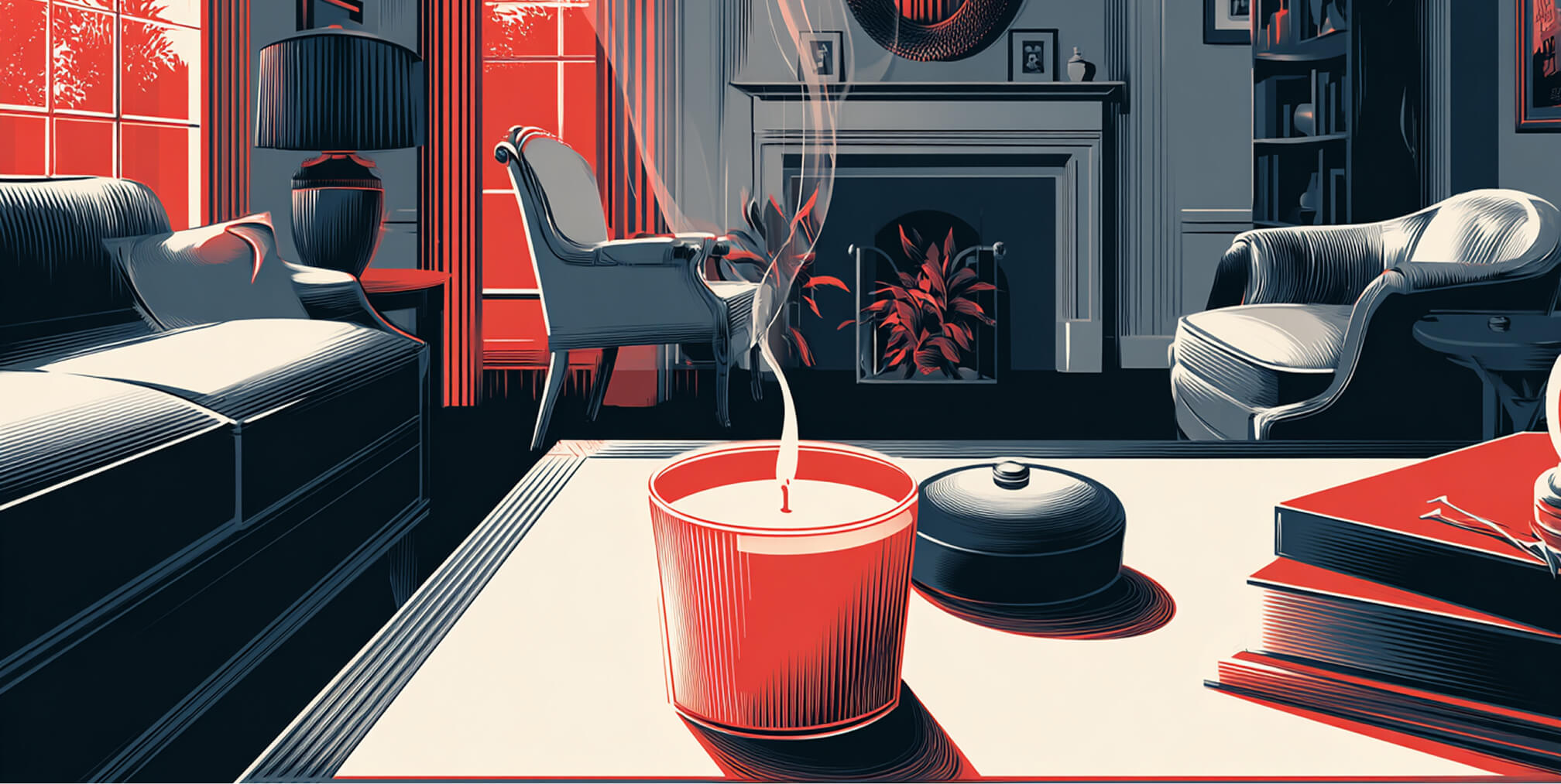 Living room with candle, books, and decor, highlighting atmosphere, storytelling, and brand expression in interior spaces.