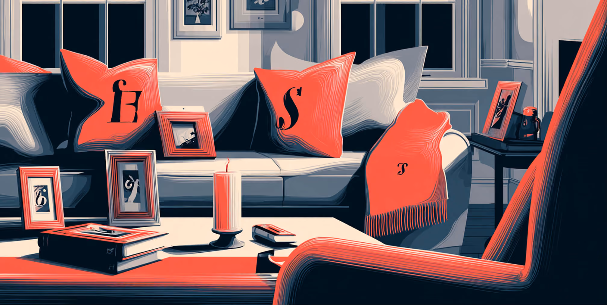 Couch with branded pillows, framed photos, and decor, representing consistent brand identity carried through home environments.