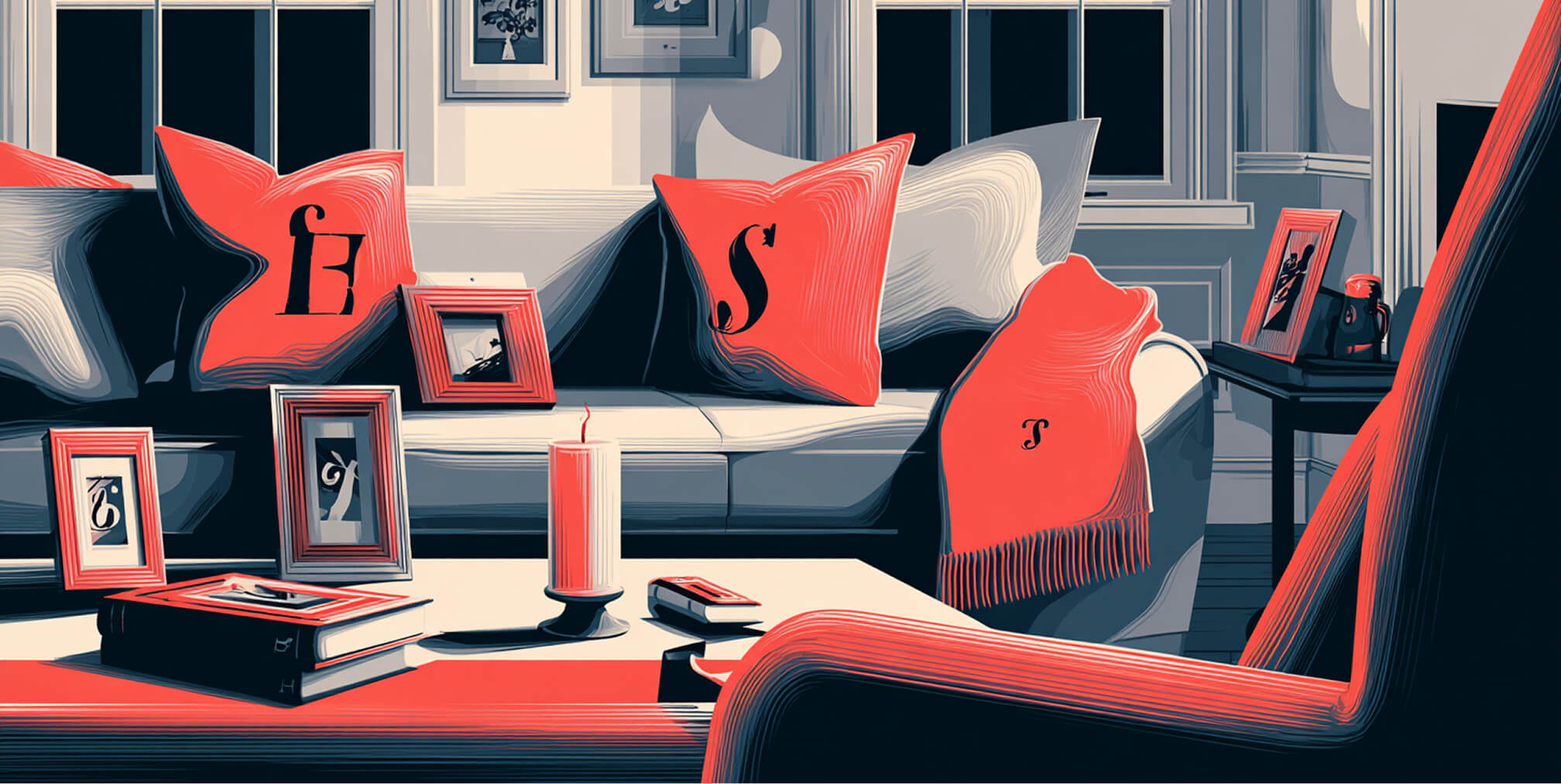 Couch with branded pillows, framed photos, and decor, representing consistent brand identity carried through home environments.