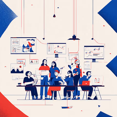 Creative team gathered around a table with laptops and screens displaying charts, representing collaborative strategy and design workflows.