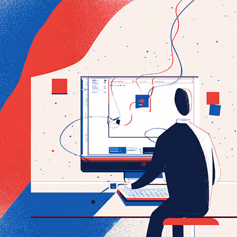 Designer working at a computer with interface elements and visual components, representing digital design and brand execution.