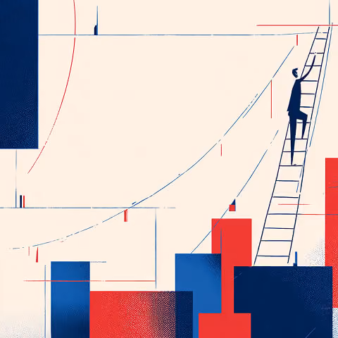 Figure climbing a ladder among abstract shapes, symbolizing growth, scaling, and building a brand step by step.