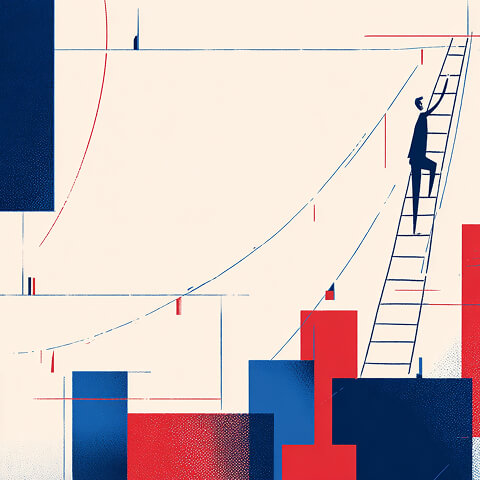 Figure climbing a ladder among abstract shapes, symbolizing growth, scaling, and building a brand step by step.