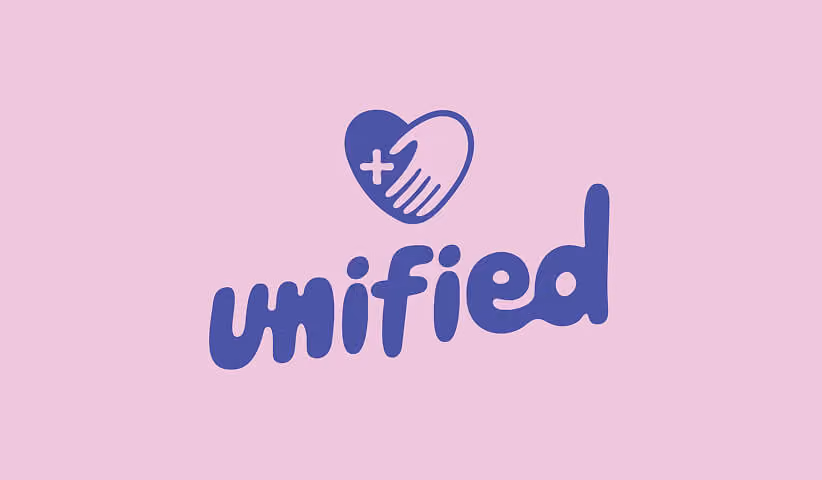 Unified logo with a heart and hand symbol, representing brand identity creation and emotional connection.