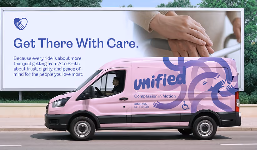 Unified transport van beside a branded care billboard.