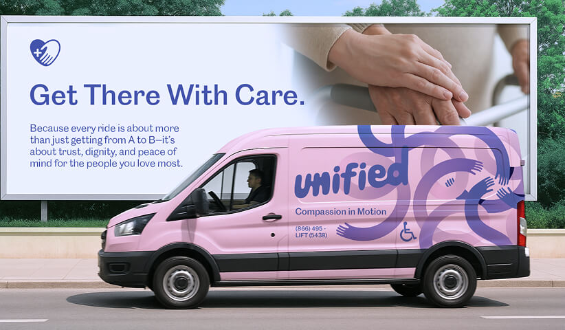 Branded van and billboard campaign promoting a service, representing real-world marketing execution and brand visibility.