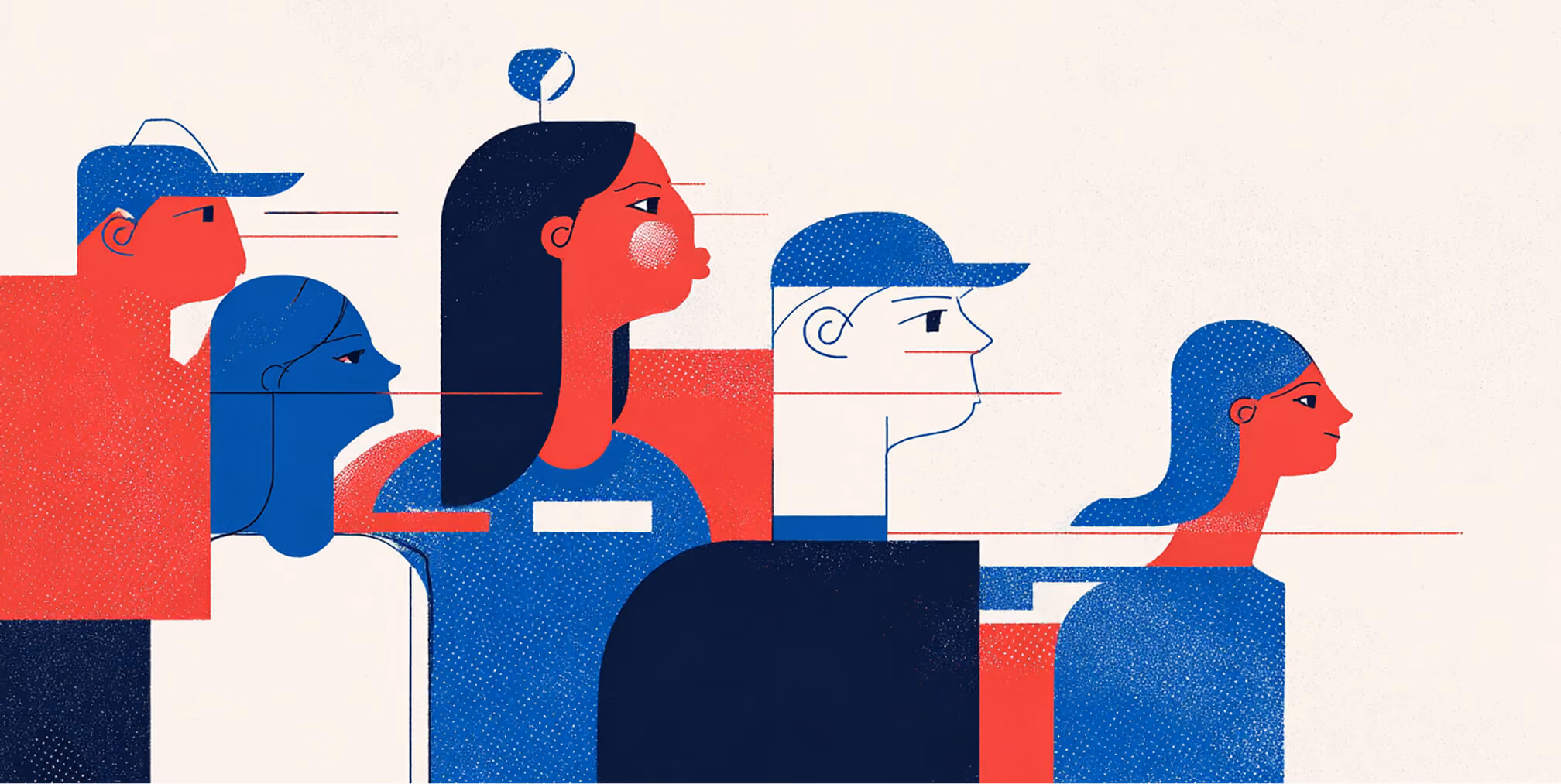Stylized group of diverse people in profile, representing audience targeting, brand positioning, and market alignment.