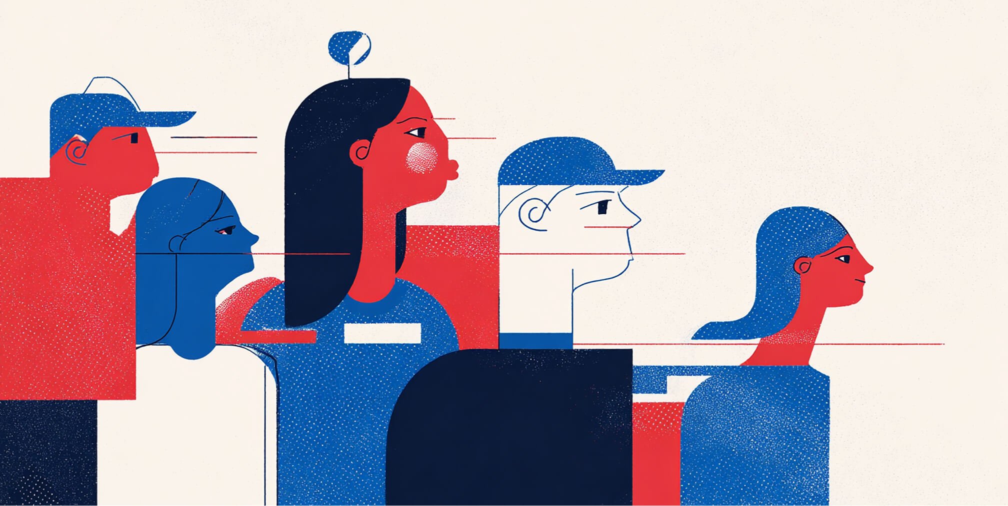 Stylized group of diverse people in profile, representing audience targeting, brand positioning, and market alignment.