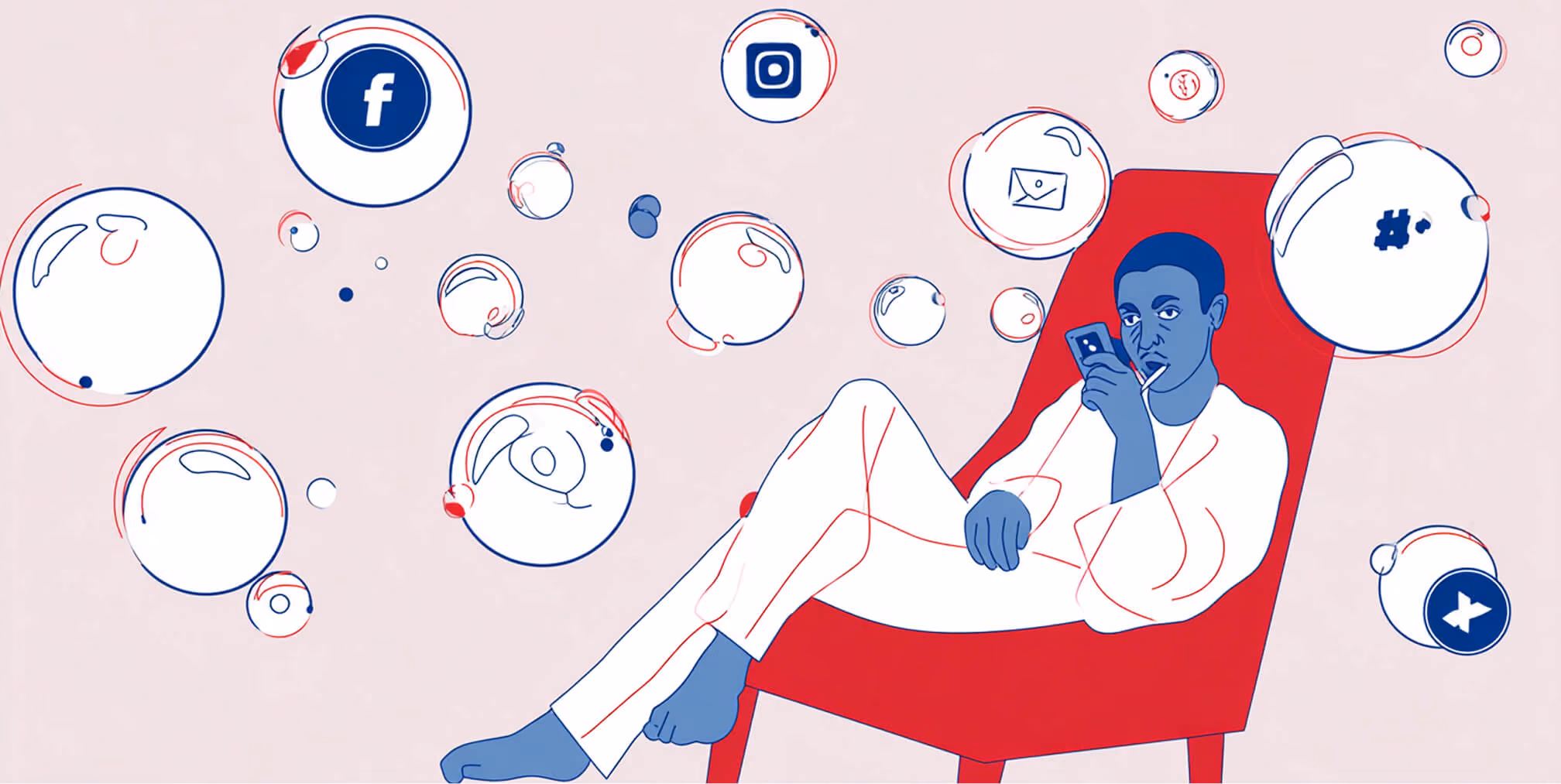 Person relaxing while using a smartphone, surrounded by floating social media icons like Facebook, Instagram, and messaging symbols, representing digital engagement and social media activity.