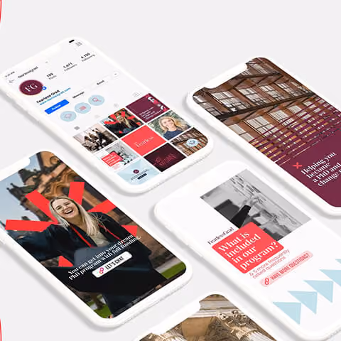 Multiple mobile screens displaying branded social media posts and layouts, representing content creation and visual consistency across platforms.