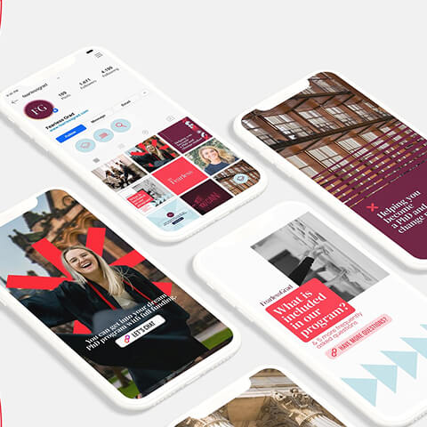 Multiple mobile screens displaying branded social media posts and layouts, representing content creation and visual consistency across platforms.