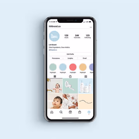 Smartphone displaying a social media profile page with posts, highlights, and follower metrics, representing account management and content strategy.
