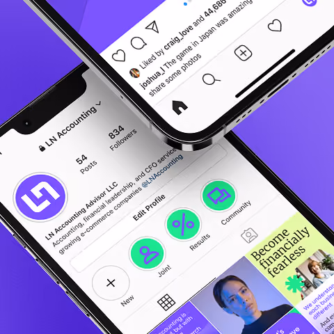 Close-up of two smartphones showing social media interfaces with engagement icons, representing analytics, interaction, and performance tracking.