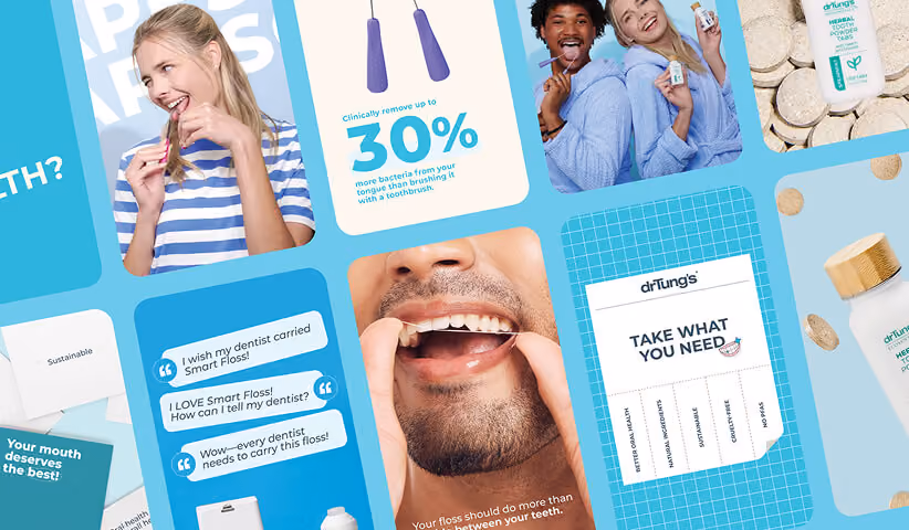 Grid of branded social media graphics and product visuals, representing campaign design and content marketing.