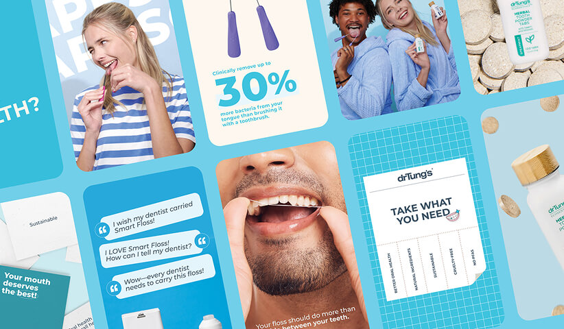 Grid of branded social media graphics and product visuals, representing campaign design and content marketing.