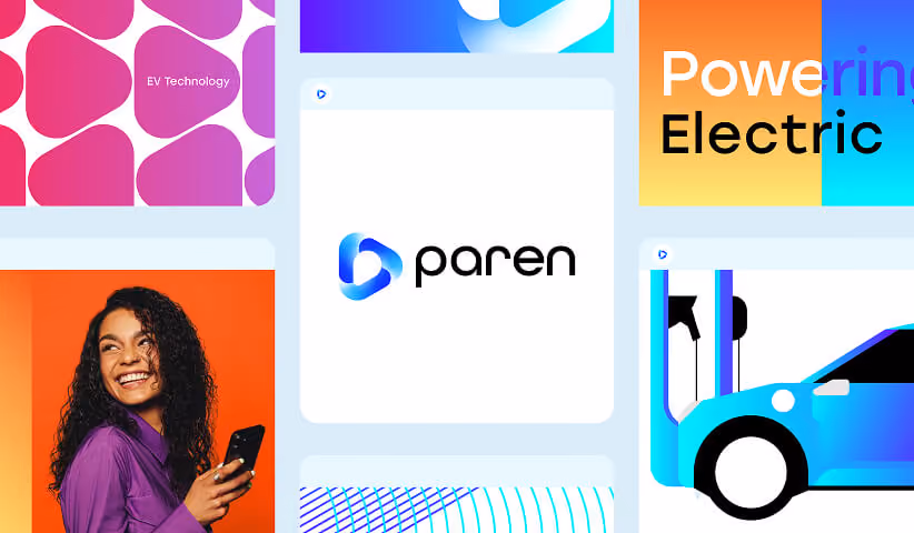 Collection of colorful brand visuals and digital assets including logos and UI elements, representing brand identity across social platforms.
