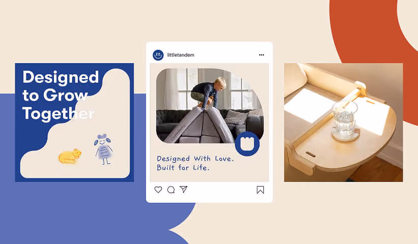 Social media post layouts featuring lifestyle and product imagery, representing storytelling and audience engagement.