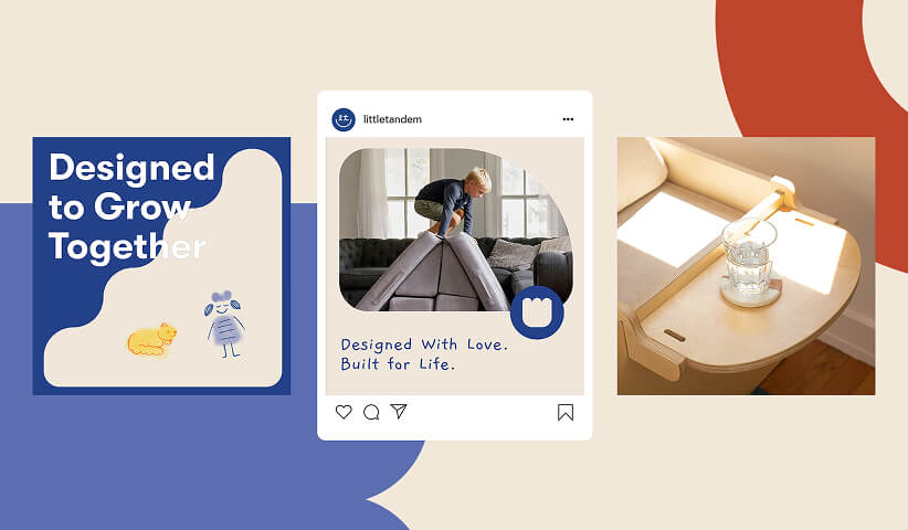 Social media post layouts featuring lifestyle and product imagery, representing storytelling and audience engagement.