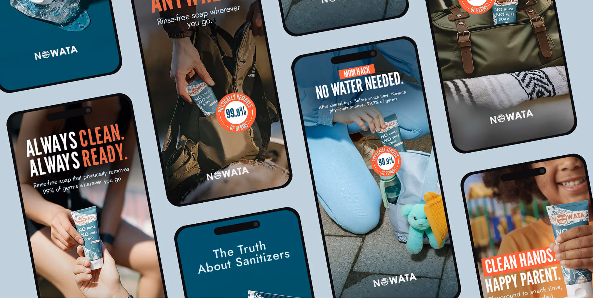 Set of mobile screens displaying a coffee brand’s social media feed and product promotions, representing cohesive branding and e-commerce integration.