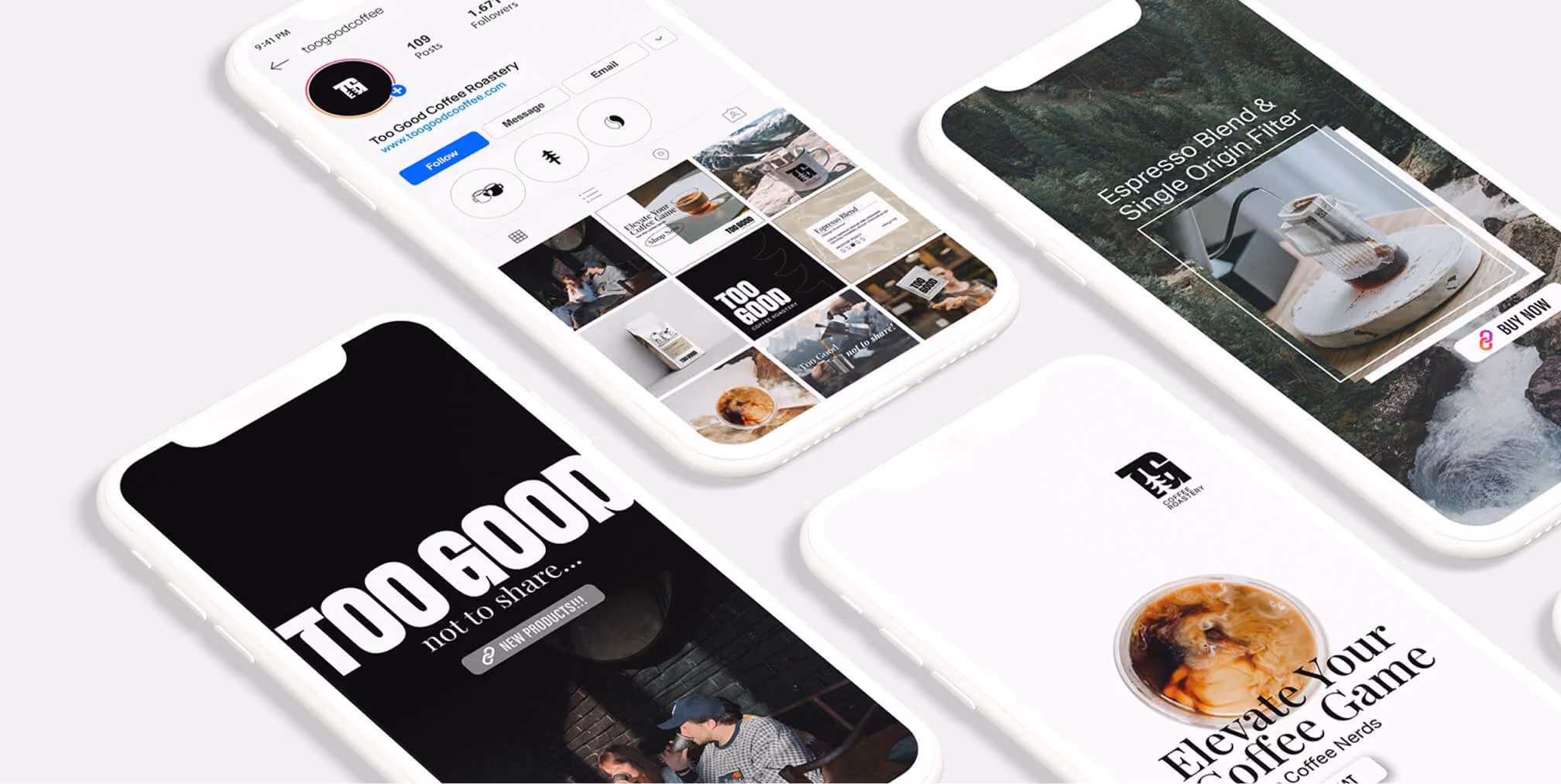 Multiple smartphone screens showcasing a curated social media feed with product imagery and branding, representing high-quality content strategy and brand consistency.