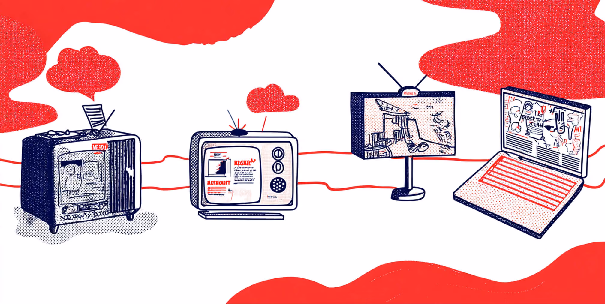 Illustration showing the evolution of advertising through devices, from vintage television to modern laptop screens, connected by flowing lines to represent media progression.