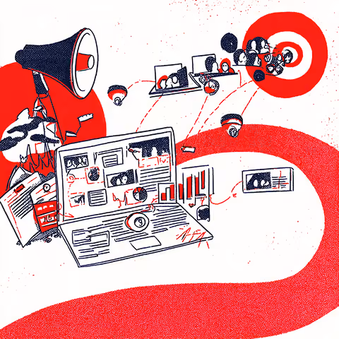 Megaphone projecting content from a laptop toward a target audience, illustrating targeted marketing and digital advertising reach.