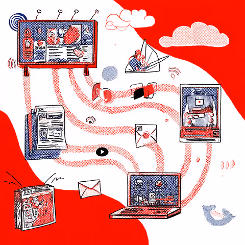 Multiple devices like TV, laptop, and mobile connected with flowing lines, representing cross-channel advertising and integrated media strategies.