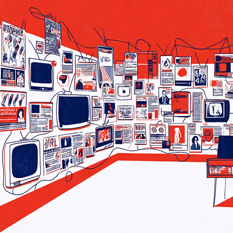 Wall filled with various advertisements, posters, and screens connected by wires, representing the early expansion of mass media and print advertising.