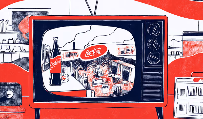 Vintage television displaying a classic Coca-Cola advertisement, representing early broadcast advertising and brand storytelling.