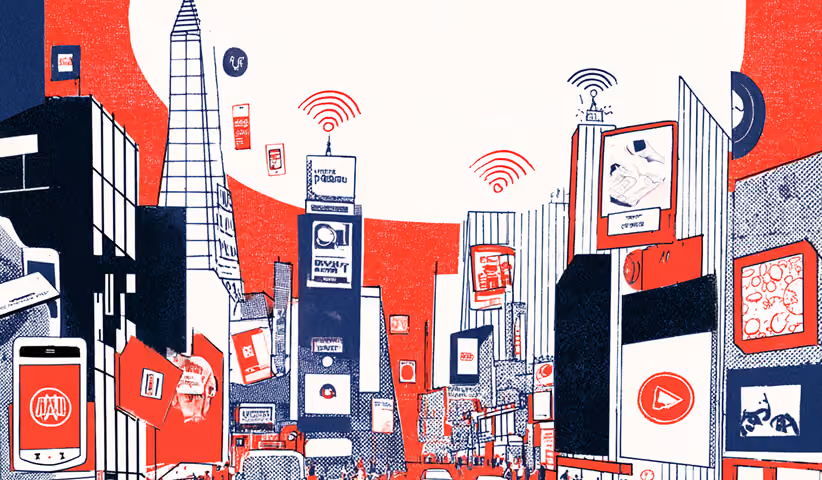 Cityscape filled with billboards, digital screens, and wireless signals, representing outdoor advertising and modern digital media saturation.