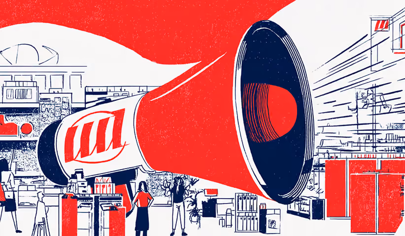 Large megaphone in a retail environment amplifying brand messaging, representing promotional campaigns and in-store marketing.