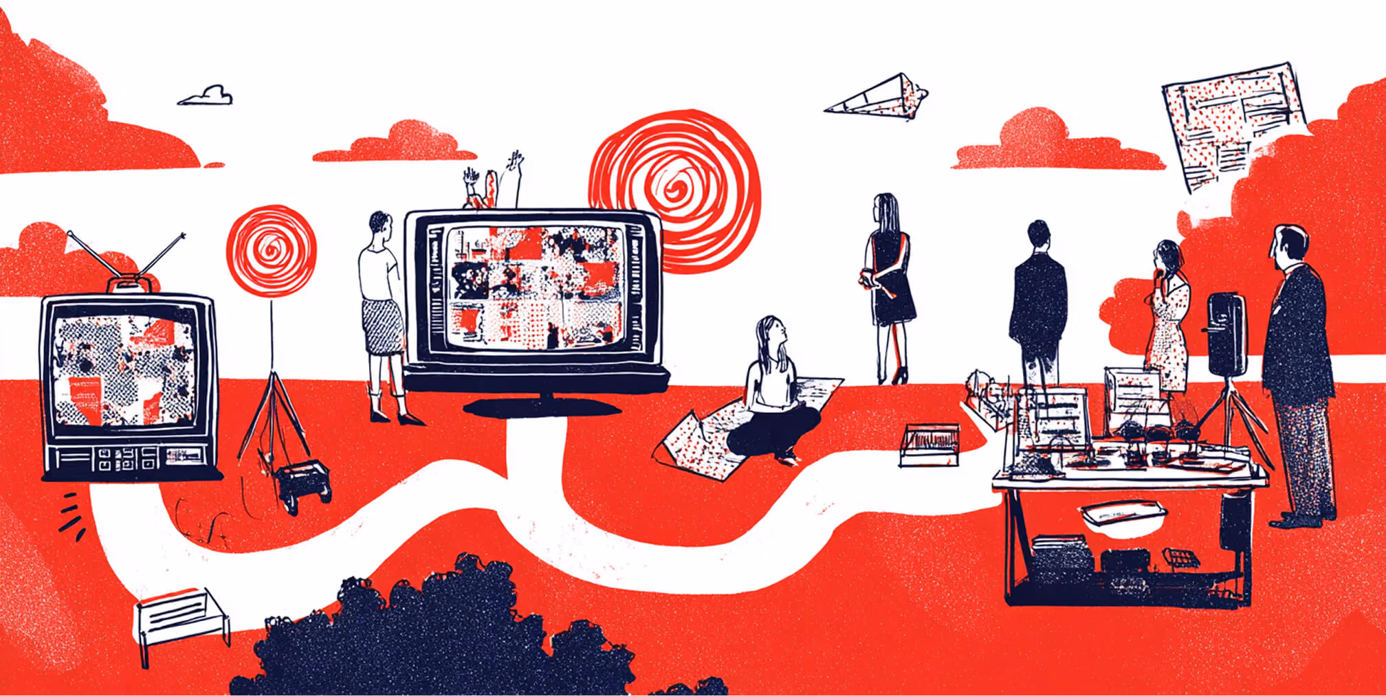 People interacting around various media devices and content screens, representing audience engagement across different advertising channels.