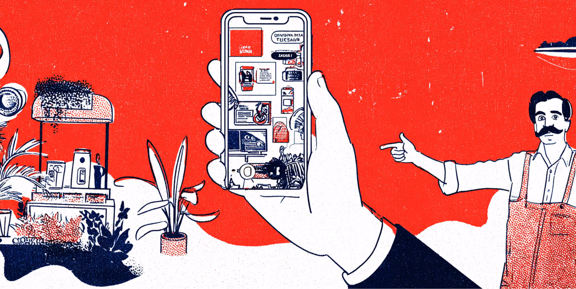 Smartphone displaying a social media feed while a person points toward it, representing influencer marketing and mobile-first advertising strategies.