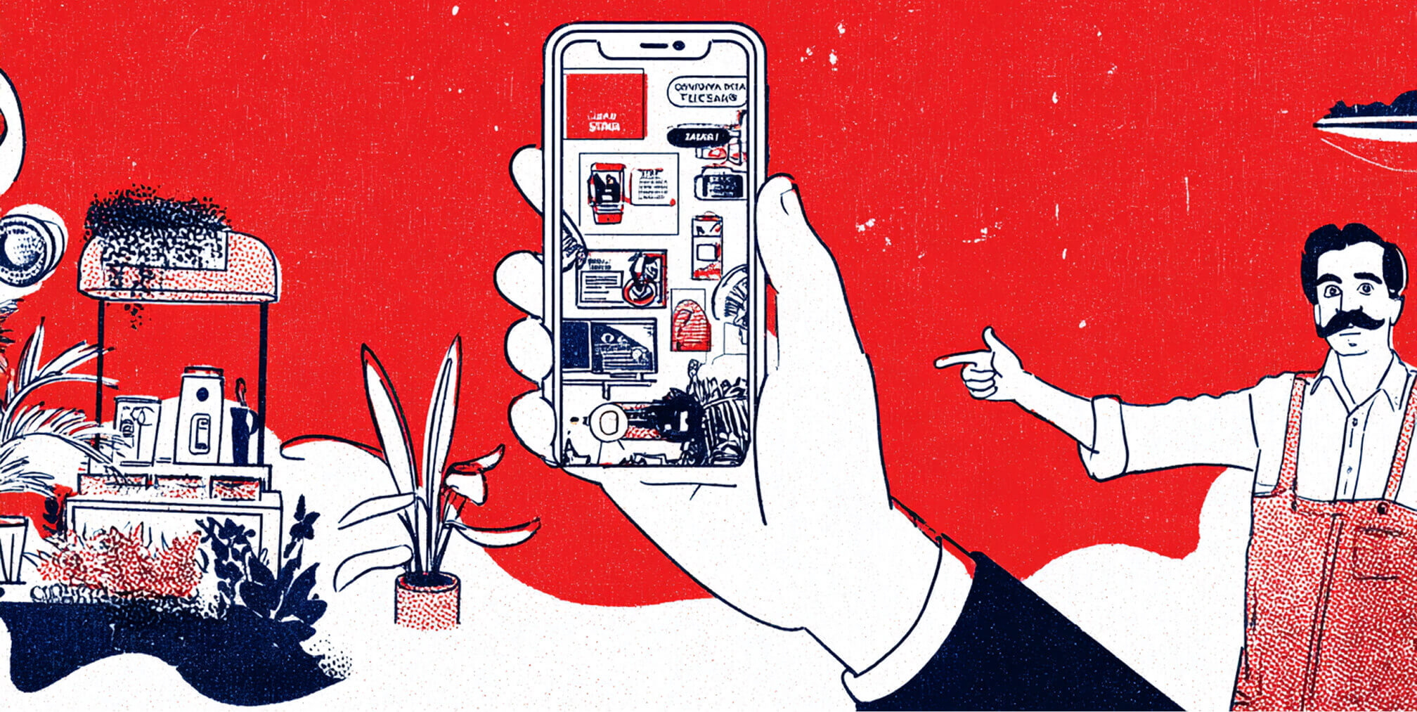 Smartphone displaying a social media feed while a person points toward it, representing influencer marketing and mobile-first advertising strategies.