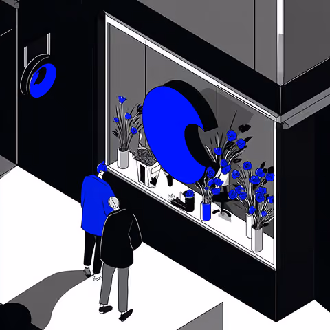 Two people observing a storefront display with a bold logo mark, representing brand identity in a real-world environment.
