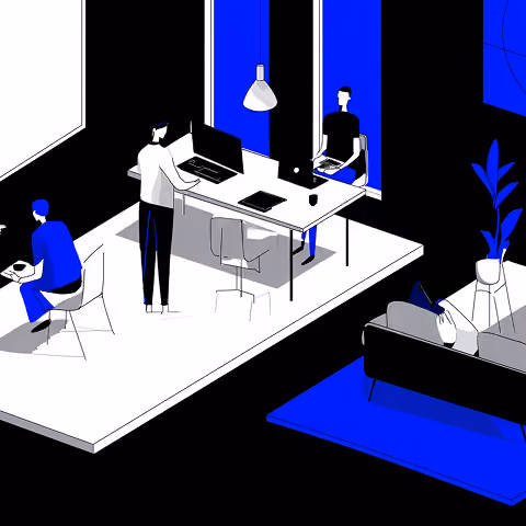 Creative team working in a modern office with screens and workspace setups, representing collaboration in logo and brand design.