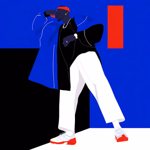 Stylized figure posing in layered streetwear outfit, representing individuality and expression in street fashion.