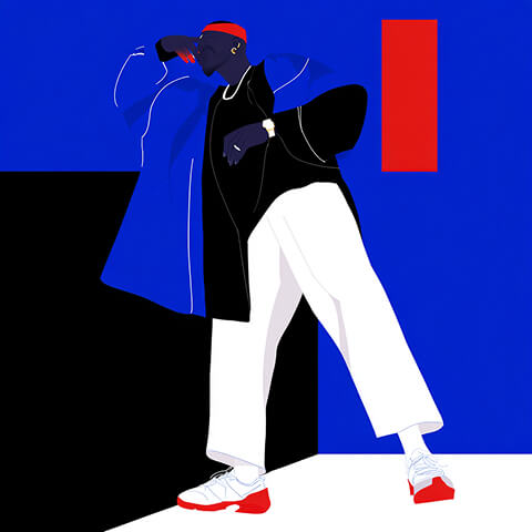 Stylized figure posing in layered streetwear outfit, representing individuality and expression in street fashion.