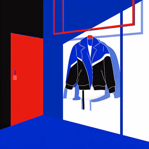 Minimal retail display featuring a bold jacket design, representing streetwear product presentation and branding.