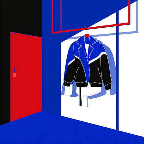 Minimal retail display featuring a bold jacket design, representing streetwear product presentation and branding.