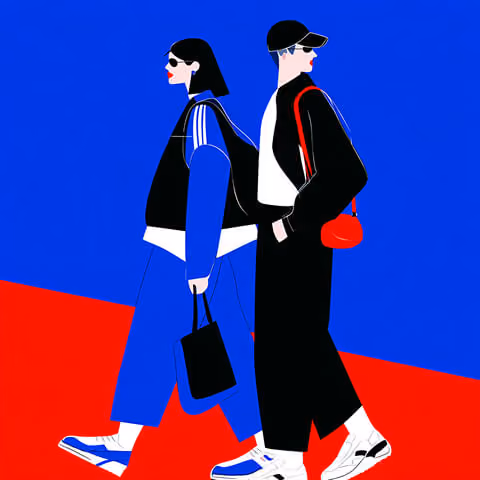 Two people walking in coordinated streetwear outfits with accessories, representing everyday urban style and trends.