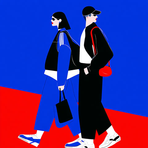 Two people walking in coordinated streetwear outfits with accessories, representing everyday urban style and trends.
