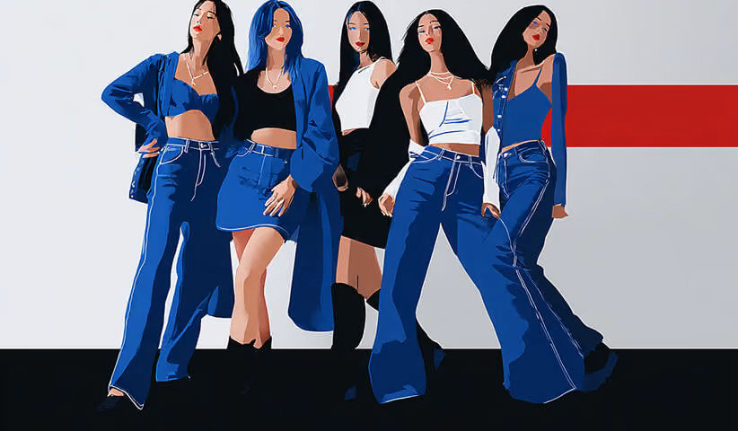 Group of individuals posing in coordinated denim and streetwear looks, representing community and shared style identity.