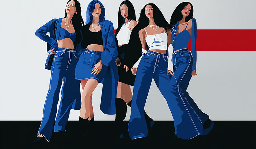 Group of individuals posing in coordinated denim and streetwear looks, representing community and shared style identity.